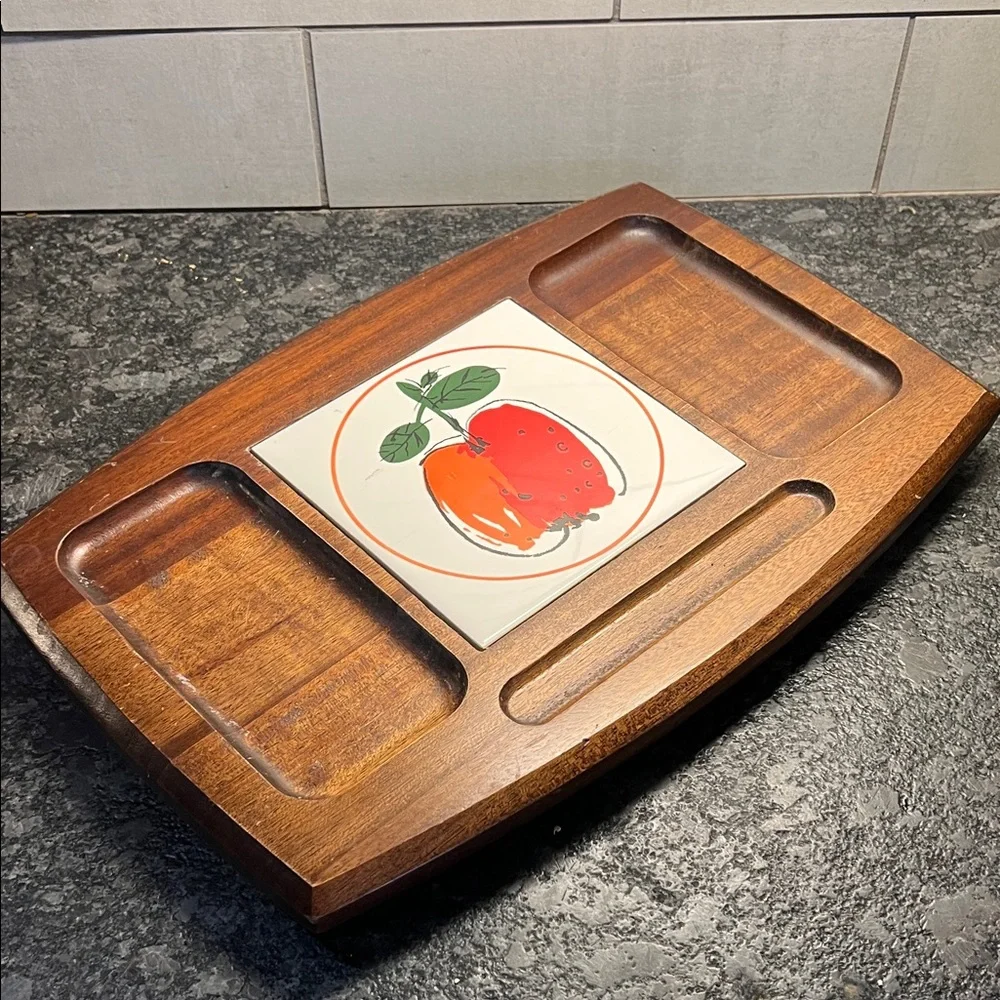 Vintage 16X11 Wooden Cheese board Serving Tray with Fruit Design Tile